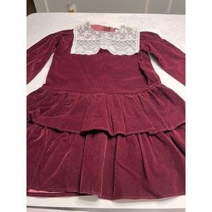 Vtg 80’s KLL Burgundy Velour Ruffled Layer Dress Lace Bib Collar Girls 7 USA